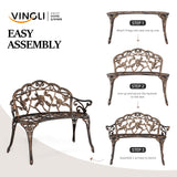 VINGLI 38.5" Patio Park Garden Outdoor Metal Rose Bench,Cast Iron Cast Aluminium Frame Antique Finish Chair,Accented Lawn Front Porch Path Yard Decor Deck Furniture for 2 Person Seat（Bronze VINGLI