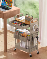 ALVOROG Rolling Cart with Drawer and Wood Table Top, 3 Tier Metal Rolling Utility Cart on Wheels with DIY Pegboards, Hanging Baskets, Hooks for Kitchen, Bedroom, Office, Craft Supplies ALVOROG