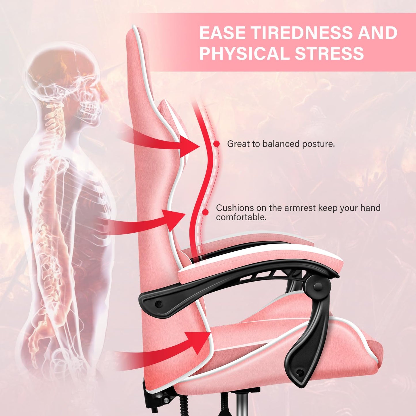 Pink Gaming Chair, Big and Tall Gamer Chair, Racing Style Adjustable Swivel Office Chair, Ergonomic Video Game Chairs with Headrest and Lumbar Support