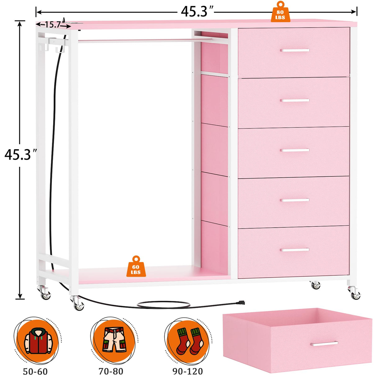 Cyclysio Dresser for Bedroom with Clothes Rack, 5 Drawers Dresser with Charging Station & LED Lights, Pink Storage Chest of Drawers with Wheels, Wooden Top, Lockable Wheels, Bedroom, Closet, Pink Cyclysio