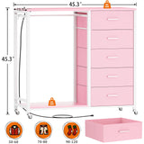 Cyclysio Dresser for Bedroom with Clothes Rack, 5 Drawers Dresser with Charging Station & LED Lights, Pink Storage Chest of Drawers with Wheels, Wooden Top, Lockable Wheels, Bedroom, Closet, Pink Cyclysio