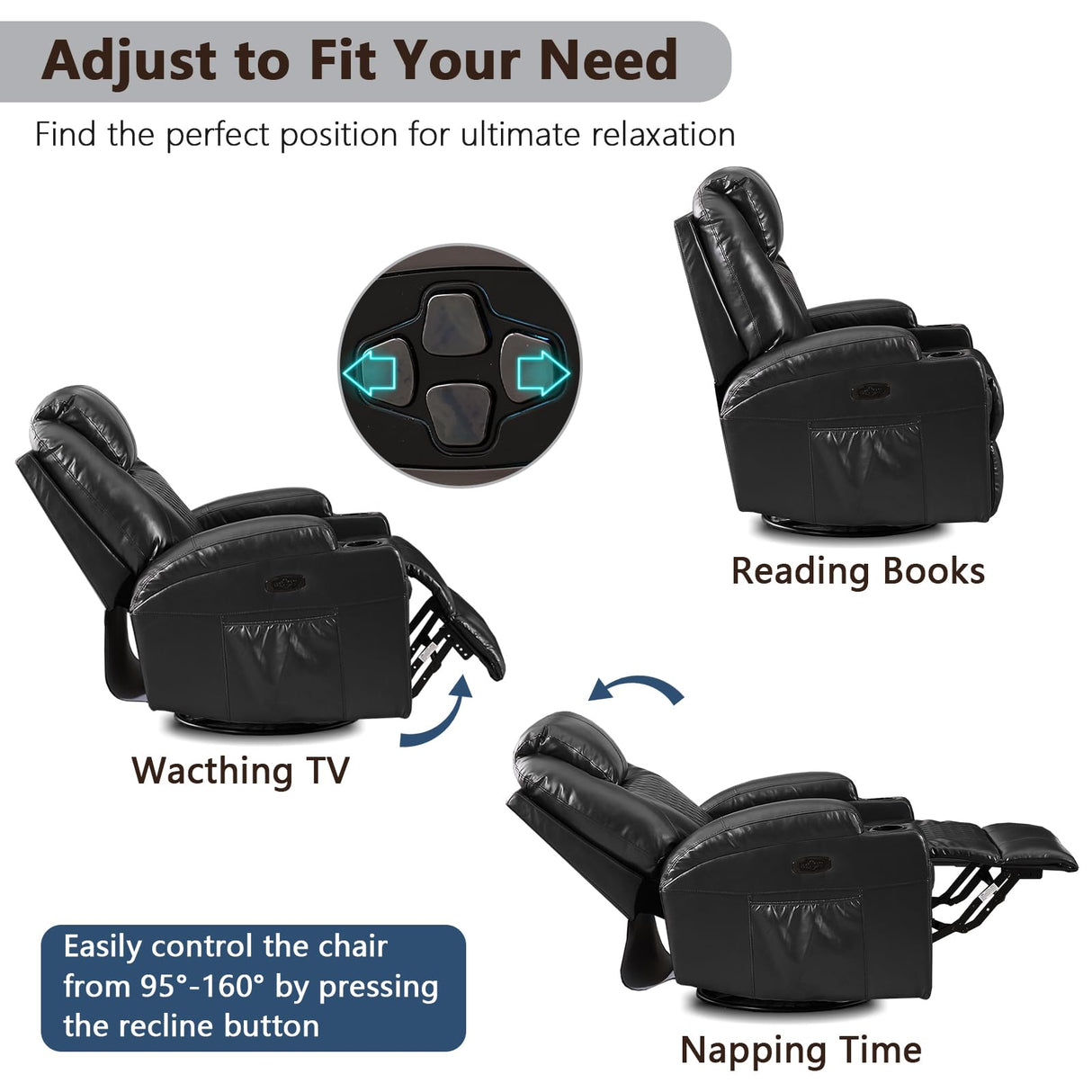 AHMED Power Swivel Rocker Recliner Chair with Massage and Heat, Faux Leather Home Theater Seating with LED Ambient Lighting, Glider Reclining Sofa with Cup Holders for Living Room (Black, Single) AHMED