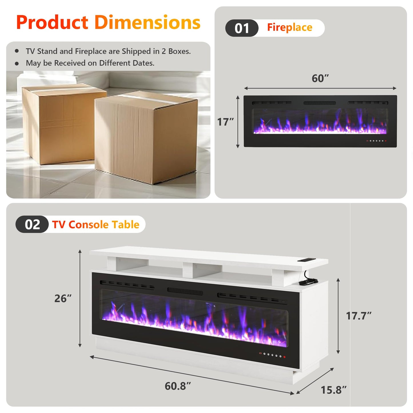 Fireplace TV Stand with 60" Electric Fireplace, Solid Wood Fireplace with Mantel, Modern Fireplace Cabinet with Socket for Living Room Farmhouse Entertainment Center (White, 60 “)