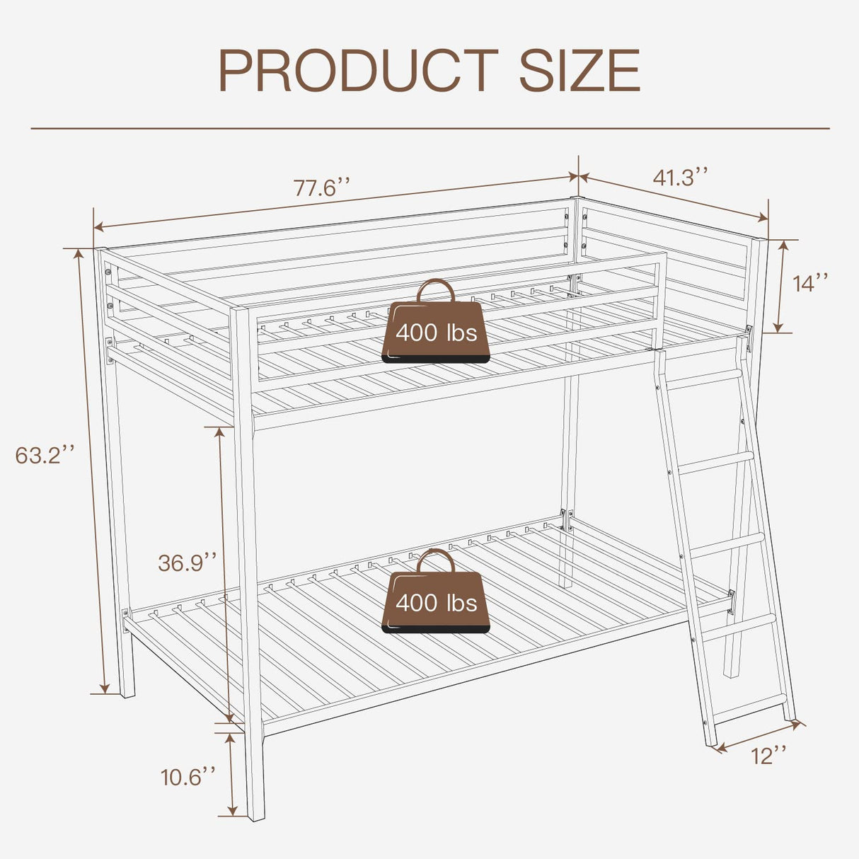 Heavy Duty ikalido Twin Over Twin Metal Bunk Bed with Safety Guard Rail and Ladder in Matte White ikalido