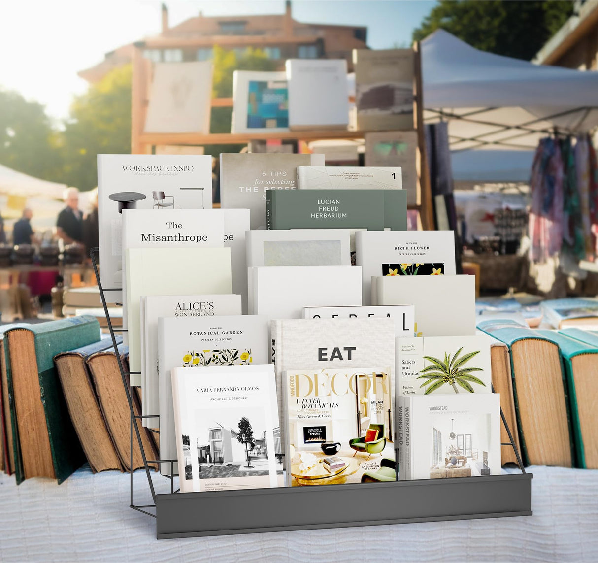 ybaymy 6-Tier 30" Wide Metal Magazine Holders,Wire Countertop Rack with Sign Channel,Retail Book Brochure Magazine Display Stand Literature Greeting CD Card Rack for Book Signing,Vendor Booth ybaymy