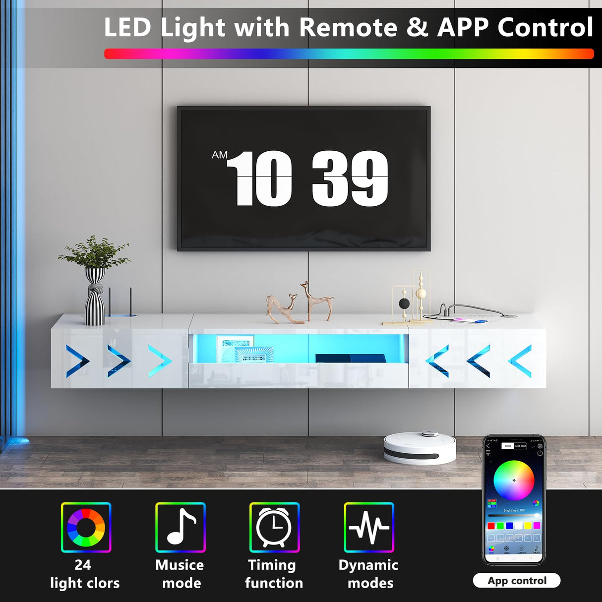 ANTISTA Floating TV Stand, 71" Floating Entertainment Center Wall Mounted,Floating Wall Mounted TV Shelf with Led Lights and Power Outlet,Modern High Gloss tv Cabinet Media Console with Storage ANTISTA