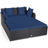 Tangkula Outdoor Rattan Daybed, Sunbed Wicker Furniture w/Spacious Seat, Upholstered Cushion & High-Resilience Sponge, Wicker Patio Sofa Set w/Extra Pillows for Courtyard Poolside (Navy) Tangkula