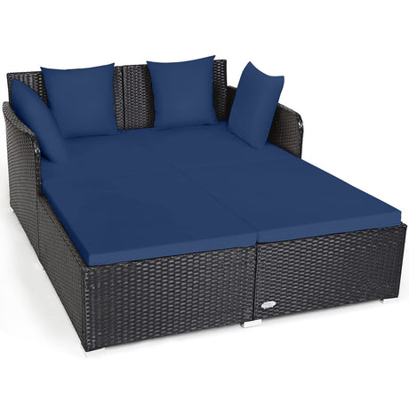 Tangkula Outdoor Rattan Daybed, Sunbed Wicker Furniture w/Spacious Seat, Upholstered Cushion & High-Resilience Sponge, Wicker Patio Sofa Set w/Extra Pillows for Courtyard Poolside (Navy) Tangkula