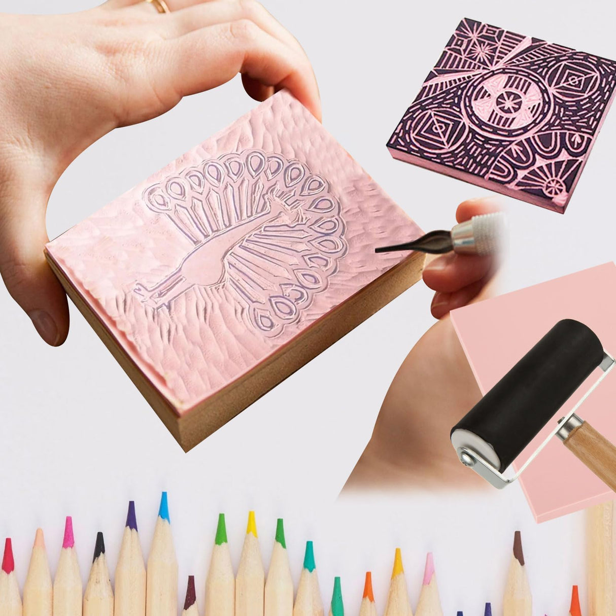 DIRBUY 10 Pack Rubber Stamp Making Kit - Block Printing Kit，Linoleum Carving Tools with 8 Type Blades, 8 Pcs Pink Rubber Carving Block and Rubber Brayer Roller DIRBUY