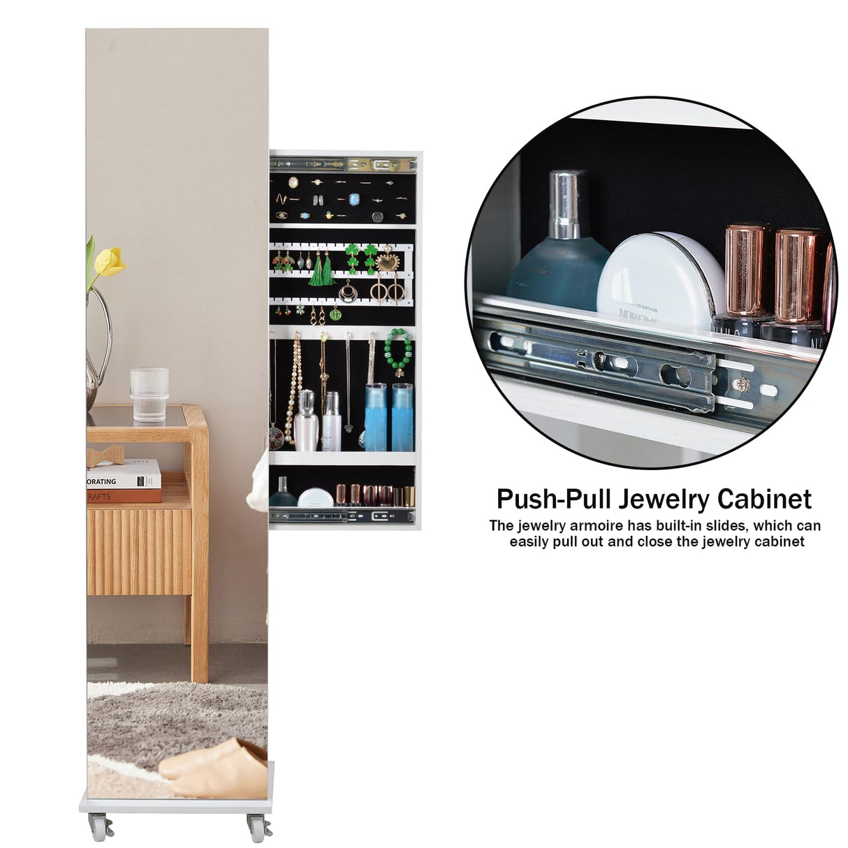 BOSTANA Jewelry Organizer, Push-Pull Jewelry Armoire Mirror with Storage Shelves Coat Rack, 360° Swivel Mirror Jewelry Cabinet Standing with Full Length Mirror, Gift Idea, White BOSTANA