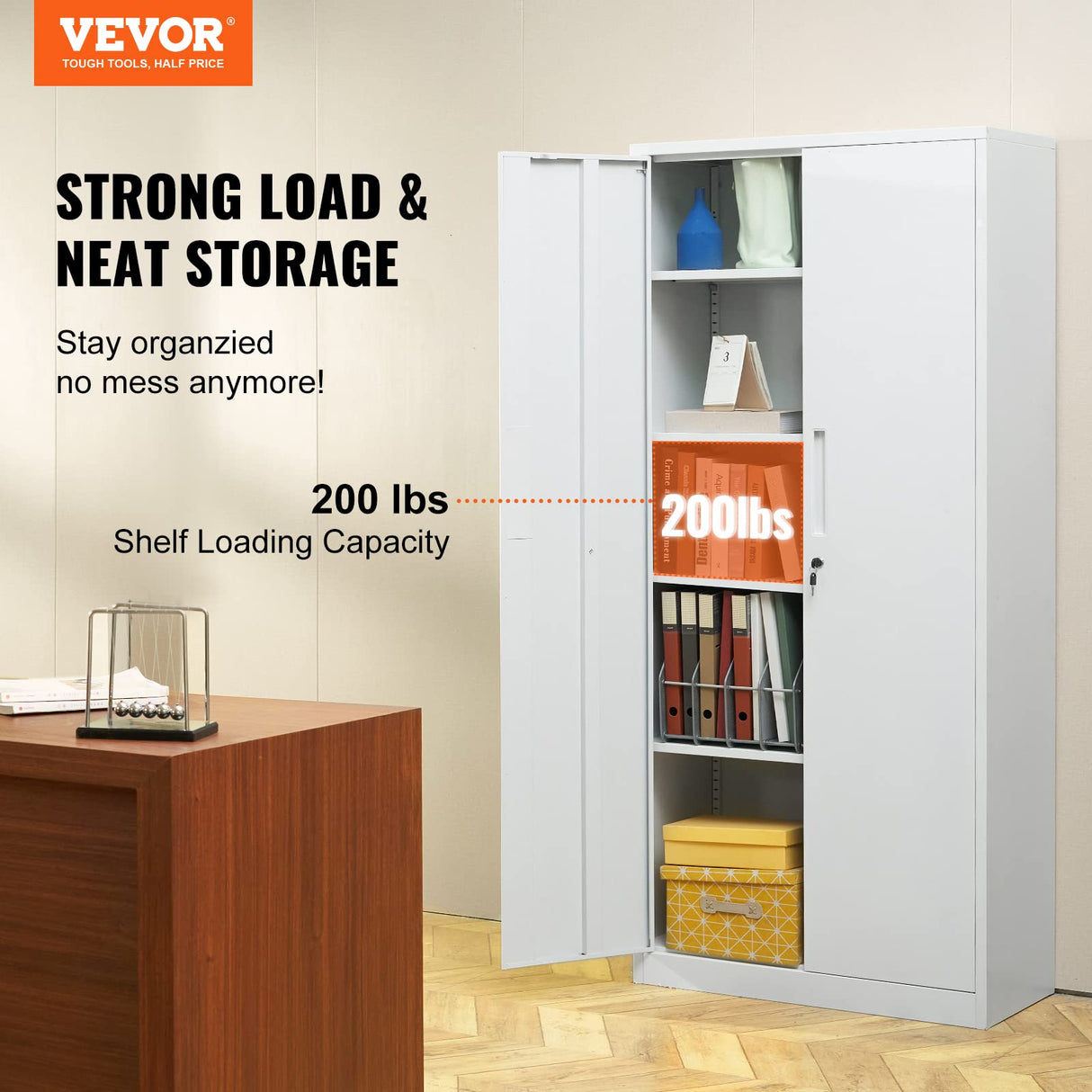 VEVOR Metal Storage Cabinet with 2 Magnetic Doors and 4 Adjustable Shelves, 200 lbs Capacity per Shelf, Locking Steel Storage Cabinet, 71'' Metal Cabinet with 3 Keys, for Office, Garage, Home VEVOR