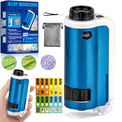 Pocket Microscope for Kids, SETFLAGS Kids Microscope with 12 Slides, 100-250x Portable Handheld Alloy Mini Miniscope, Little Scientist Science Kit,STEM & Science Toys,Gifts for Ages 6+
