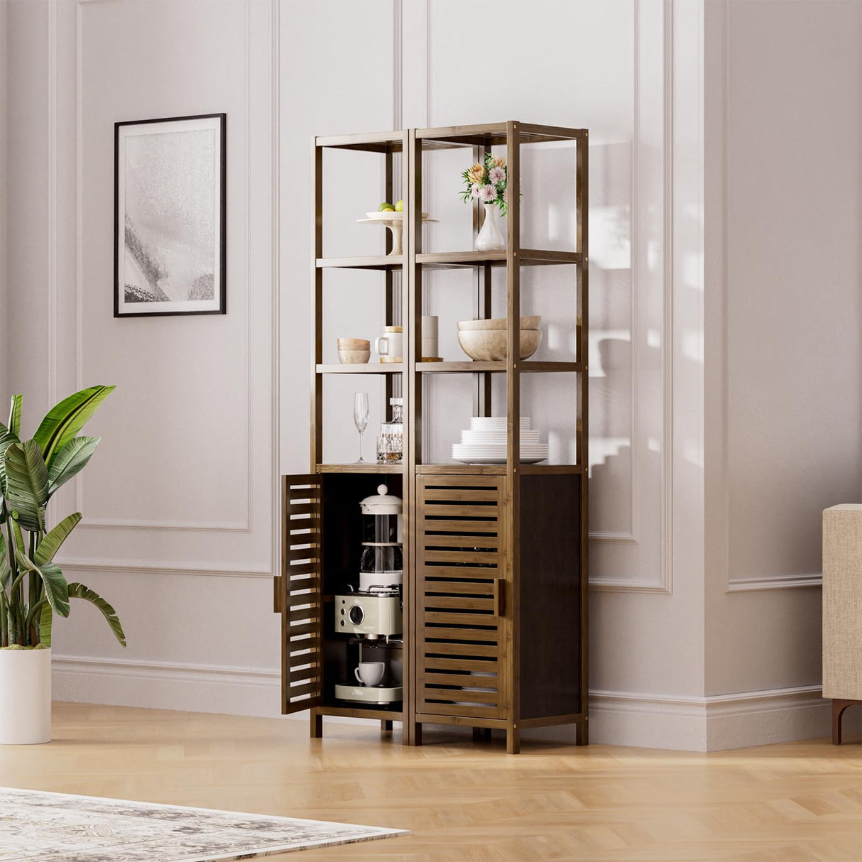 HITNET Bathroom Cabinet, Bamboo Floor Cabinet Freestanding Narrow Storage Unit with Removable Shelves, 6 Tier Tall Cabinet, Walnut HITNET