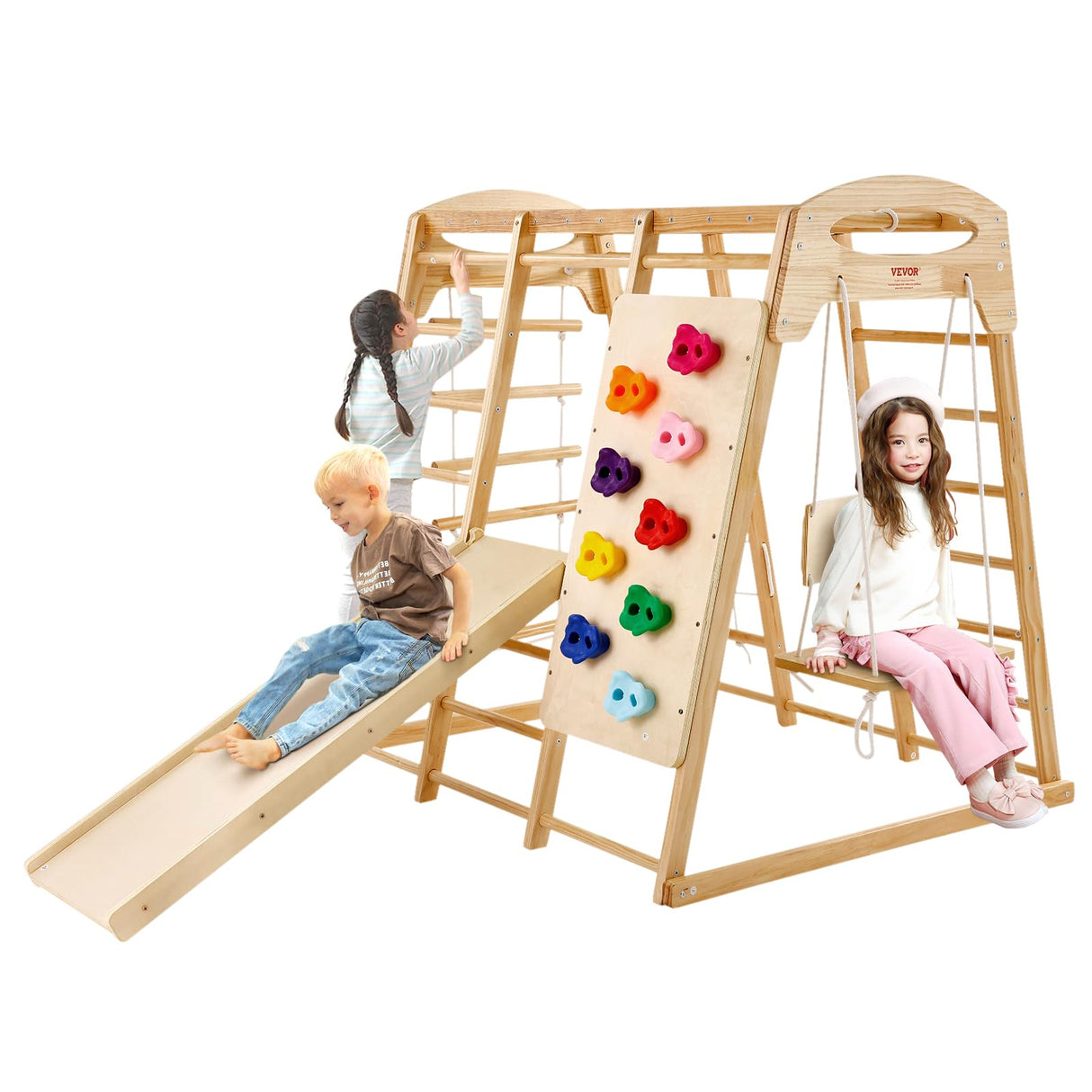 VEVOR Large Size Indoor Jungle Gym, 7-in-1 Toddler Indoor Playground, Wooden Toddler Climbing Toys with Wood & Rope Ladder, Net Ladder, Swing, Monkey Bar, Slide, Climbing Wall, 47.2 x 58 x 56in VEVOR
