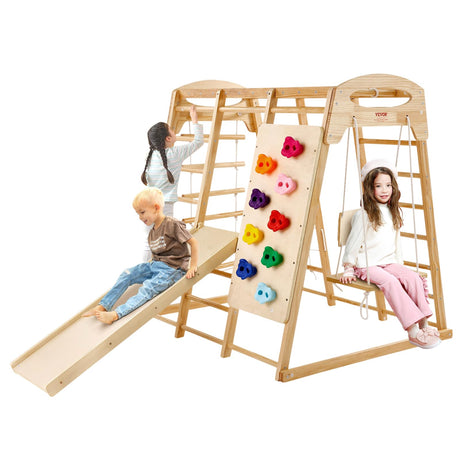 VEVOR Large Size Indoor Jungle Gym, 7-in-1 Toddler Indoor Playground, Wooden Toddler Climbing Toys with Wood & Rope Ladder, Net Ladder, Swing, Monkey Bar, Slide, Climbing Wall, 47.2 x 58 x 56in VEVOR
