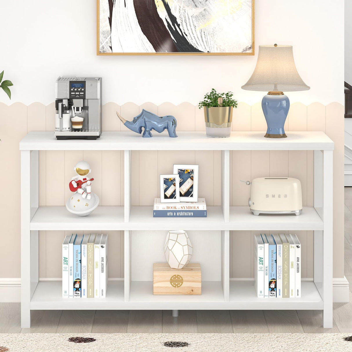 FOLUBAN Horizontal Bookshelf, 6 Cube Storage Organizer with Shelf, Modern Wood and Metal Cubby Bookcase for Bedroom Living Room, White Oak, 47 Inch FOLUBAN