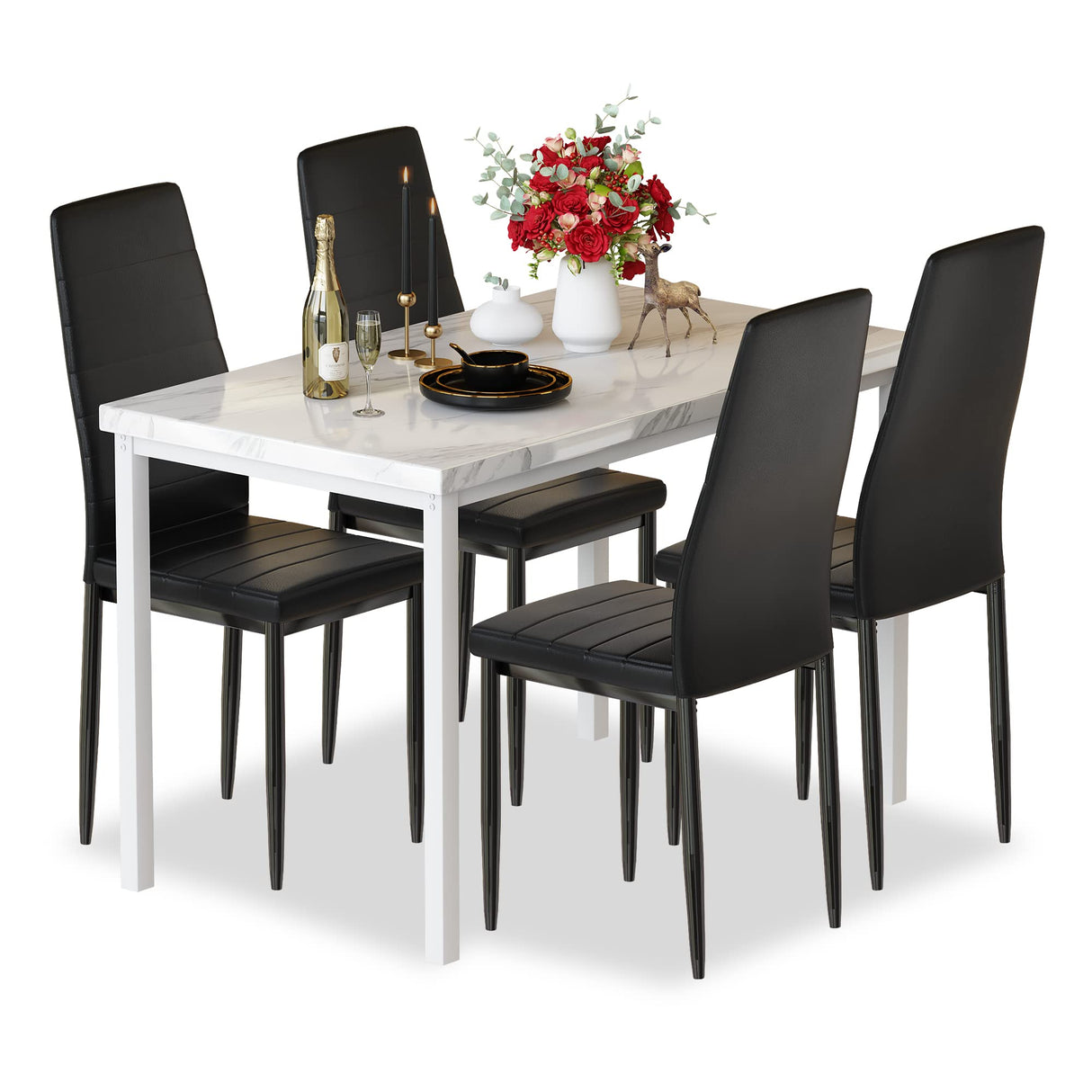 Hooseng Dining Table Set for 4- Space Saving Kitchen Table and Chairs for 4, Modern Style Faux Marble Tabletop & 4 PU Leather Chairs, Perfect for Dining Room,Breakfast Corner Small Spaces,White&Brown Hooseng
