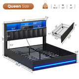 AOGLLATI Full Bed Frame with Stylish Bookcase Headboard & Charging Station & LED Lights,Full Size Bed Frame with 4 Storage Drawers, Led Bed Frame with Metal Slats, No Box Spring Needed,Black AOGLLATI
