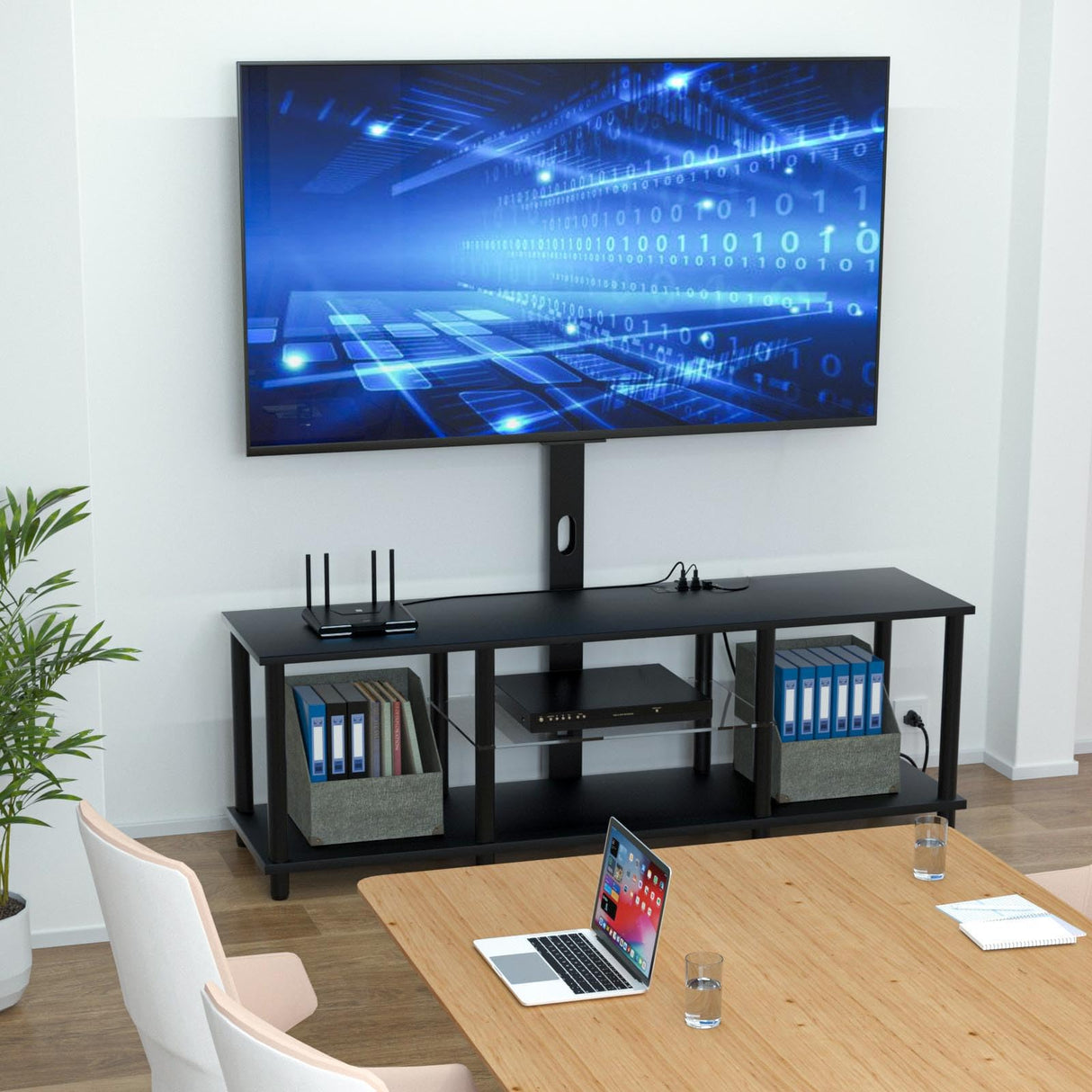 TV Stand with Mount and Led Light，Black TV Stand with Power Outlets for 32/40/43/50/55/60/65/70 Inch TV,Entertainment Center with Open Storage Shelf for Bedroom/Living Room/Office Lazyvan