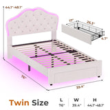 ADORNEVE Twin Size LED Bed Frame with Storage Drawer, Girls Twin Bed Frame with Adjustable Crystal Button Headboard, Velvet Princess Platform Bed for Girls, Solid Wooden Slats,Creamy White ADORNEVE