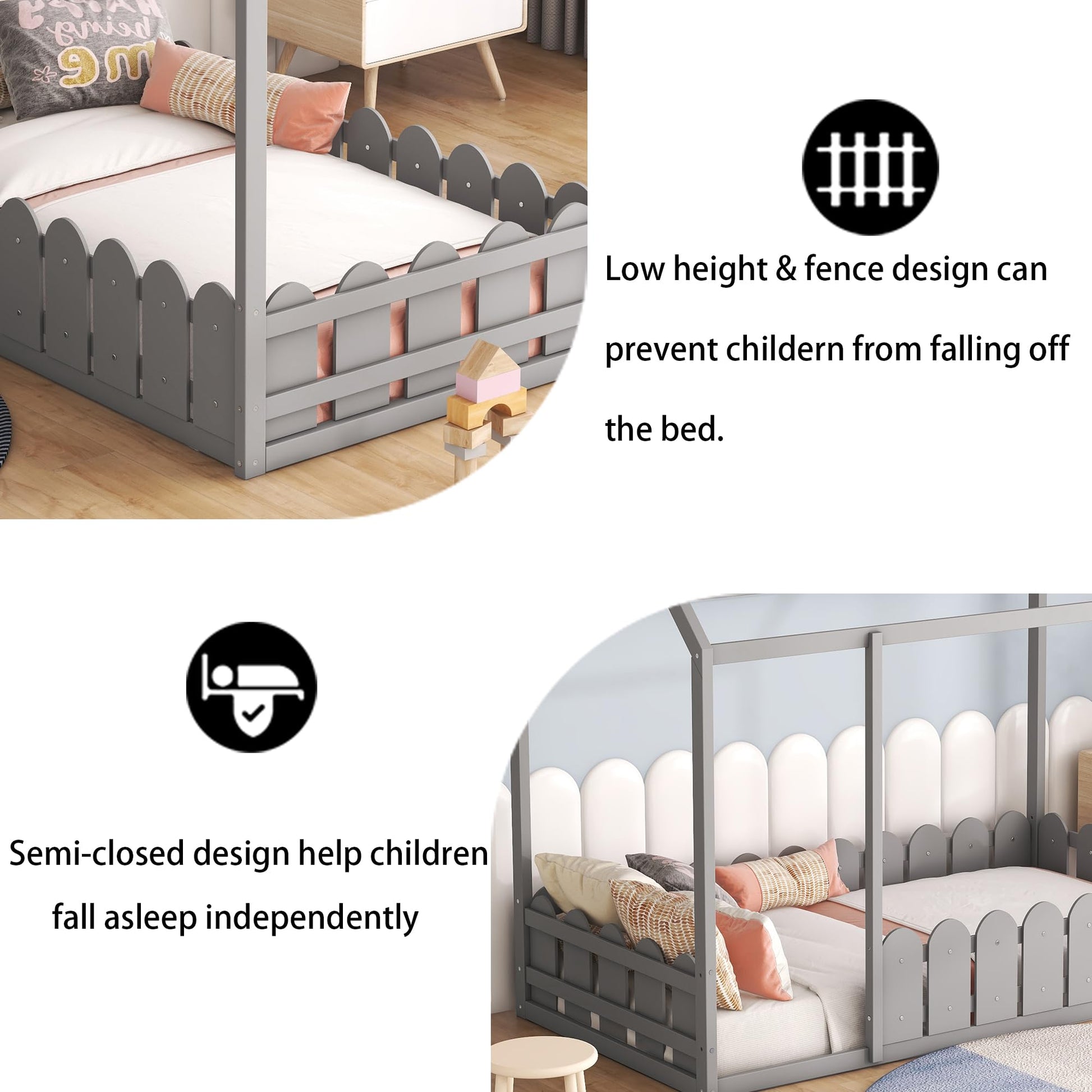 Harper & Bright Designs Grey Twin House Bed Frame with Fence Rails for Kids - WoodArtSupply