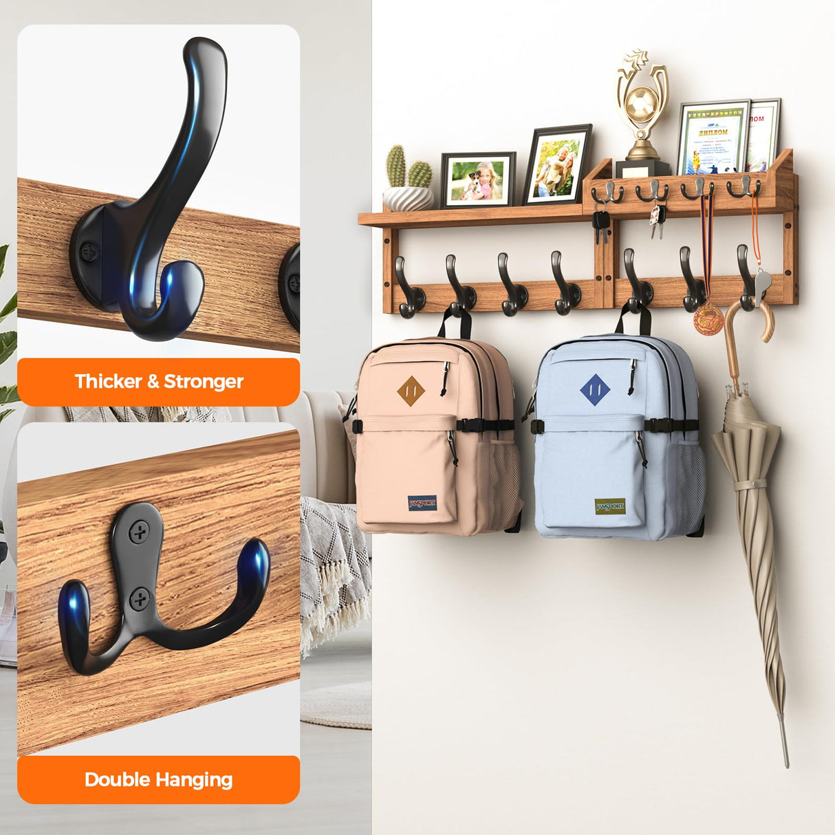 Evermagin 29" Coat Rack Wall Mount with Shelf, 4 in 1 Wall Mounted Coat and Key Hanger with 11 Hooks, Entryway Key Holder with Mail Holder for Living Room, Bedroom Evermagin