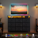 Nicehill Balck Dresser for Bedroom,9 Drawer Fabric Dresser with LED Light,TV Stand for Bedroom with Charging Station,Chests of Drawers for Living Room Hallway,Closet（Black Wood Grain Nicehill