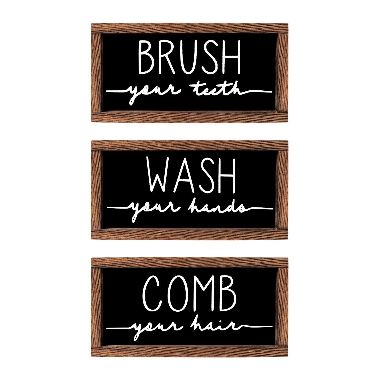 LIBWYS Bathroom Sign & Plaque (Set of 3) Wash Your Hands Brush Your Teeth Comb Your Hair Decorative Rustic Wood Farmhouse Bathroom Wall Decor (Black)