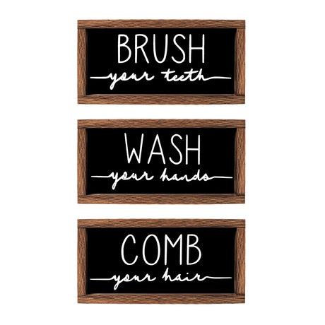 LIBWYS Bathroom Sign & Plaque (Set of 3) Wash Your Hands Brush Your Teeth Comb Your Hair Decorative Rustic Wood Farmhouse Bathroom Wall Decor (Black) LIBWYS
