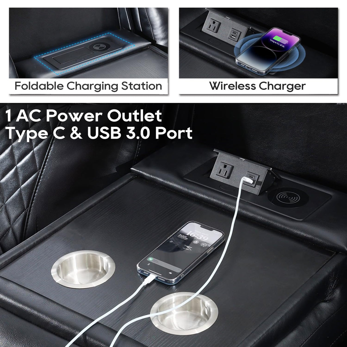 Power Recliner Sofa Set 3 Piece with Bass Speakers for Living Room,Faux Leather 3 Seater Reclining Couch with Wireless Charger and Loveseat Theater Seating,Electric Recliner Chair with LED Light,Black Comfort Stretch