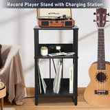 DGSANDGO Record Player Stand with Charging Station, 3 Tier End Table with Vinyl Record Holder, Record Shelf Up to 100 Albums, for Living Room, Bedroom, Office.（Black） DGSANDGO