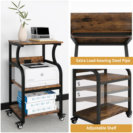 Natwind 3 Tier Printer Stand,Printer Table with Adjustable Storage Shelf, Rolling Printer Cart with Wheels for Home Office Organization,Multifunctional Shelves for Heat Press,3D Printer (Retro) Natwind