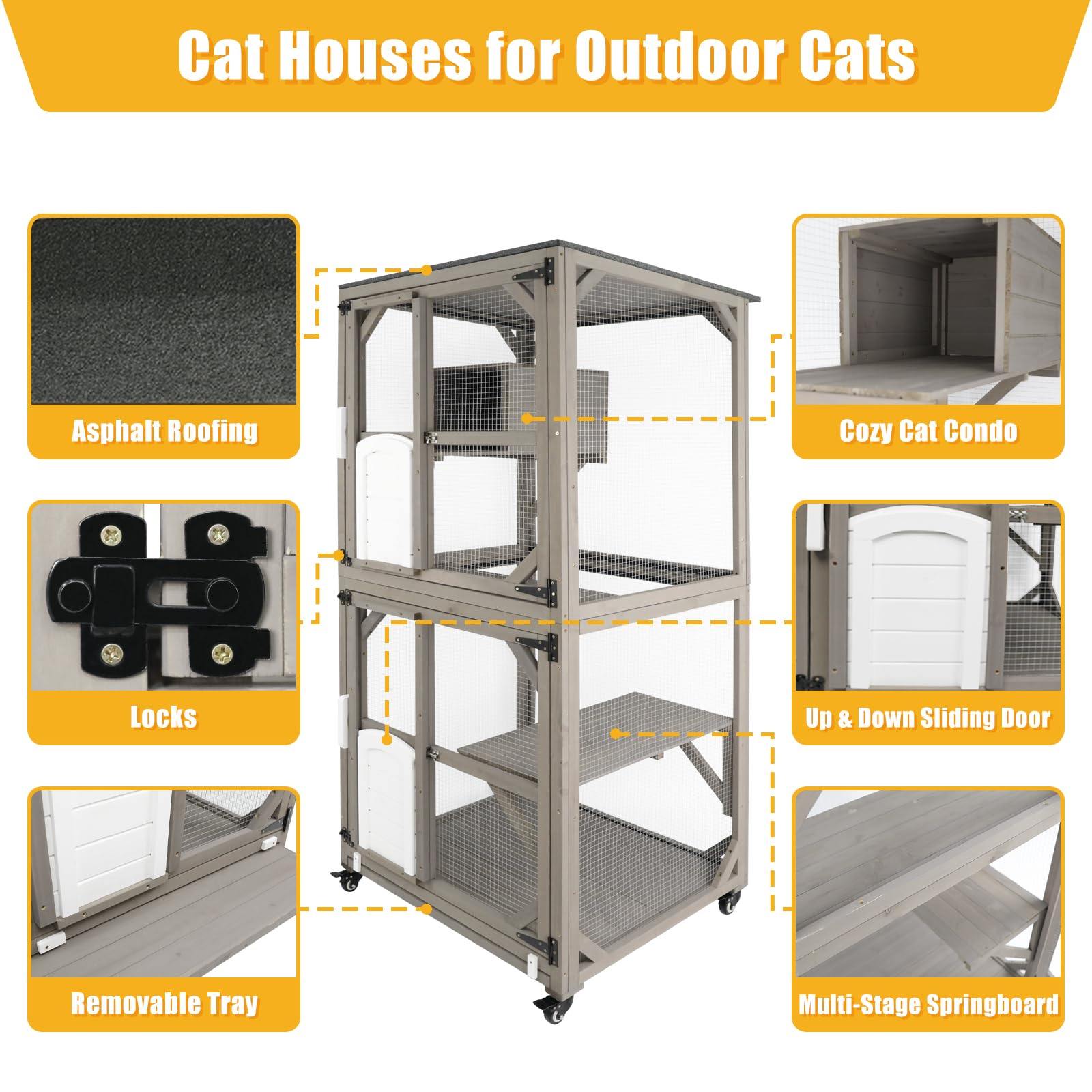 Ketive Large Wooden Cat House Outdoor Indoor Catio Cat Enclosures On Wheels, Wooden Kitty House Shelter Outside with Resting Box, Waterproof Roof, Pull-Out Tray - WoodArtSupply