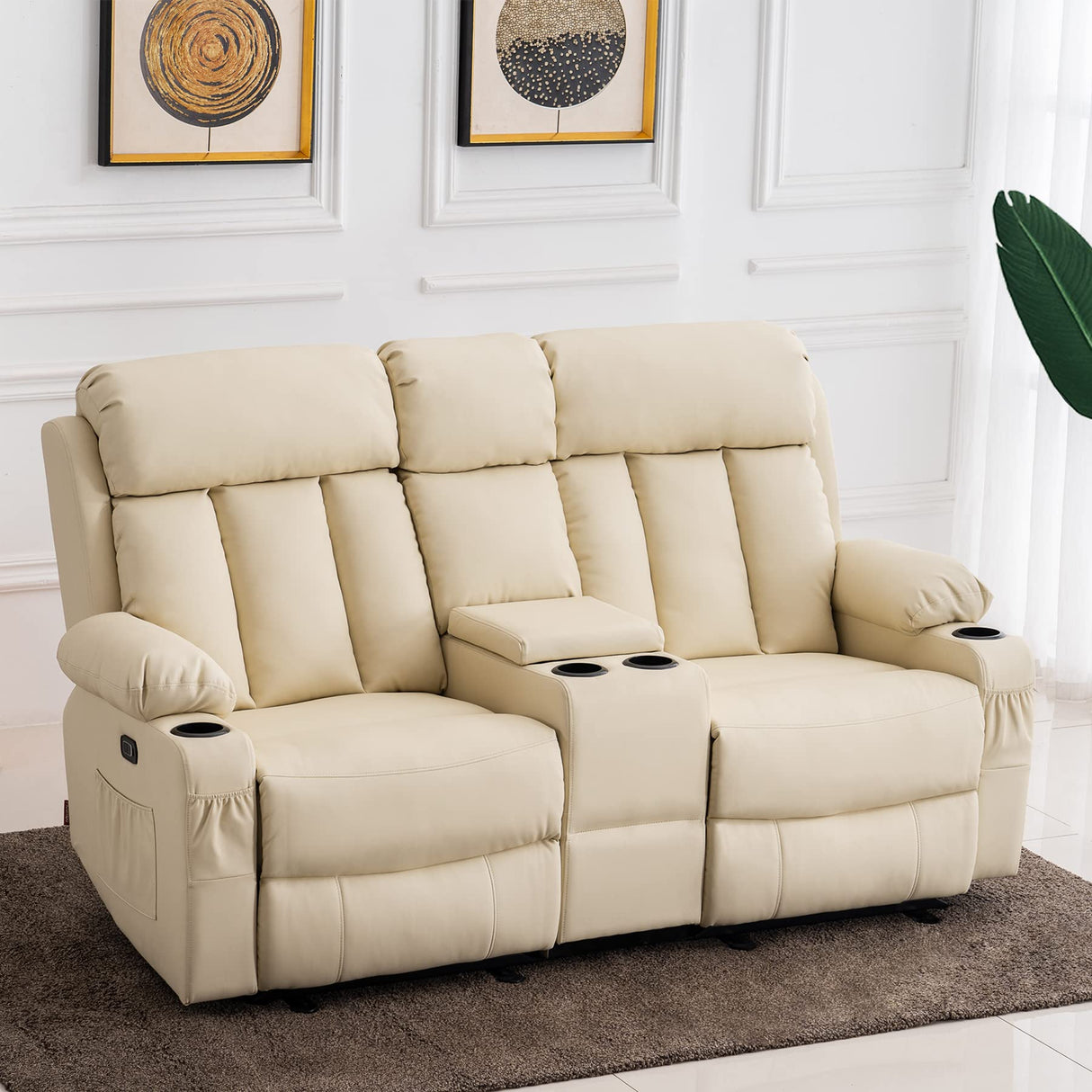 MCombo Power Loveseat Recliner with Console, Heat and Vibration Massage, Reclining Loveseat Sofa with USB Ports, Cup Holders for Living Room, Faux Leather 6095 (Cream White) MCombo