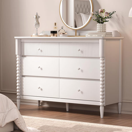 JOINICE 6 Drawer Dresser, Kids Dresser with Storage, Wide Chest of Drawers for Nursery, Wood Large Drawer Organizer Cabinet for Bedroom, Living Room, White JOINICE
