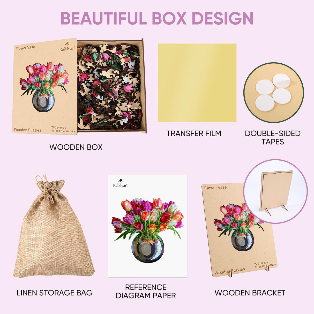 Ruikiyart Wooden Jigsaw Puzzle for Adults Colorful Tulip Vase 200Pcs Unique Shapes Jigsaw Puzzles Great Gift for Adults and Couples on Valentine's Day,Women's Day,Thanksgiving 11.1x12.4 Inches Ruikiyart