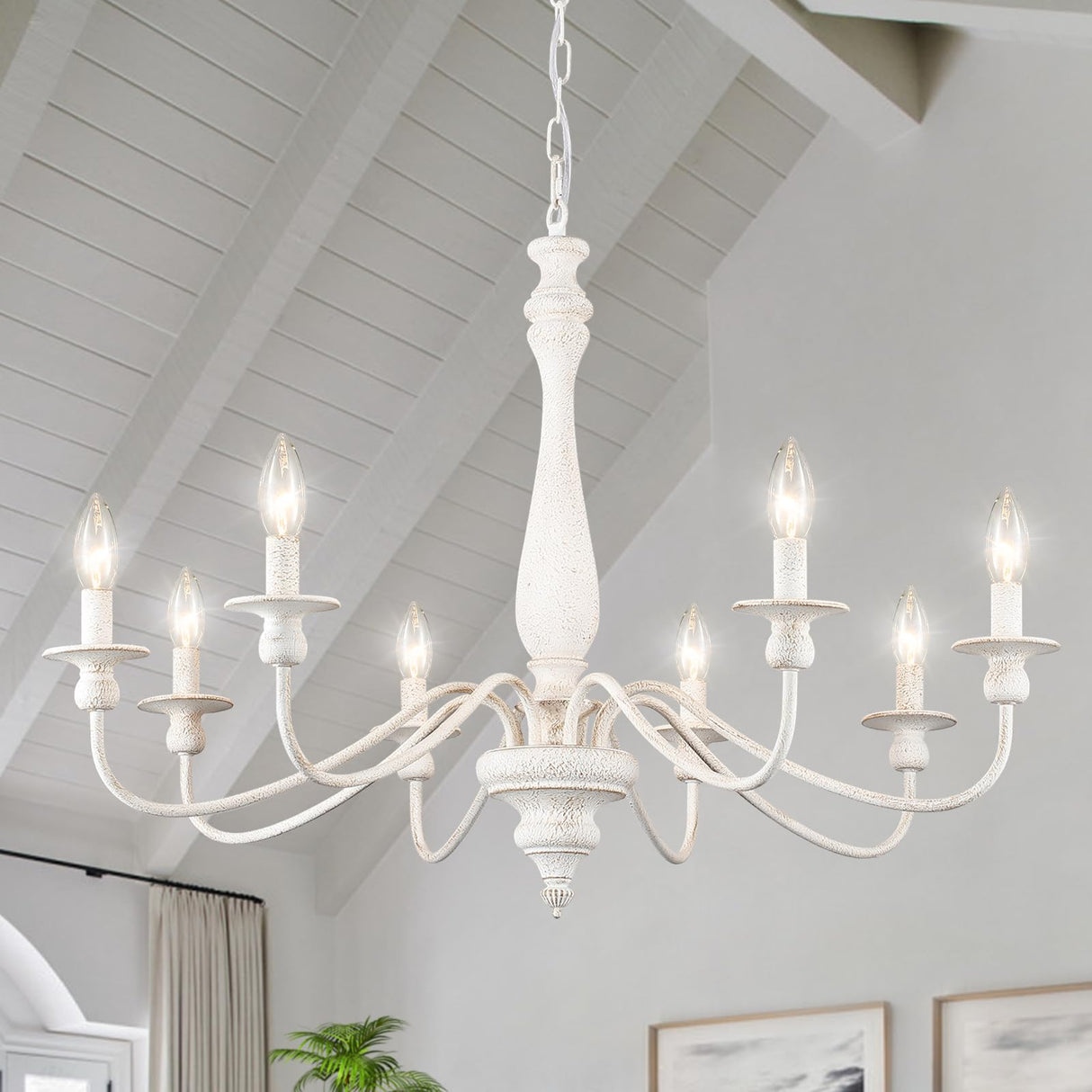 MRHYSWD Distressed White French Country Chandelier 8 Lights Rustic Farmhouse Chandelier for Dining Room Light Fixture Candle Pendant Lights Handmade Wood Chandeliers for Living Room Bedrooms Kitchen MRHYSWD