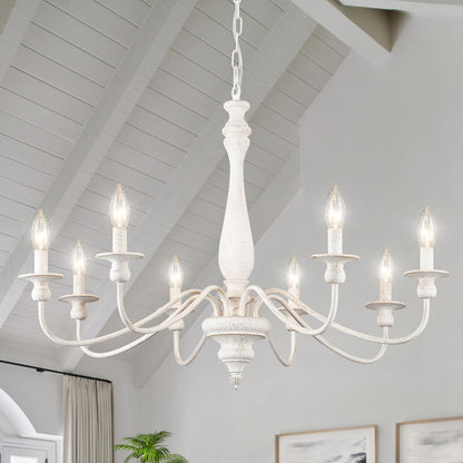 MRHYSWD Distressed White French Country Chandelier 8 Lights Rustic Farmhouse Chandelier for Dining Room Light Fixture Candle Pendant Lights Handmade Wood Chandeliers for Living Room Bedrooms Kitchen