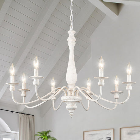 MRHYSWD Distressed White French Country Chandelier 8 Lights Rustic Farmhouse Chandelier for Dining Room Light Fixture Candle Pendant Lights Handmade Wood Chandeliers for Living Room Bedrooms Kitchen MRHYSWD