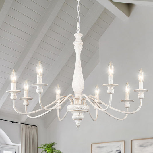 MRHYSWD Distressed White French Country Chandelier 8 Lights Rustic Farmhouse Chandelier for Dining Room Light Fixture Candle Pendant Lights Handmade Wood Chandeliers for Living Room Bedrooms Kitchen