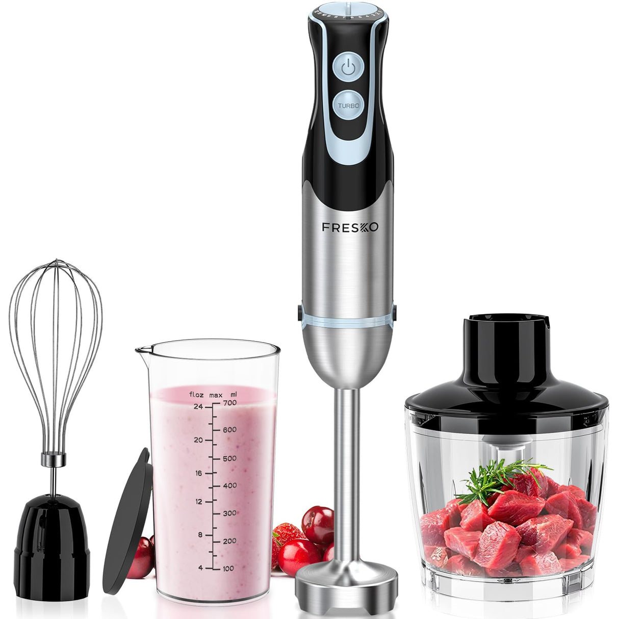 FRESKO Immersion Blender Handheld, 4-in-1 Stainless Steel Hand Stick Blender Electric with 12-Speeds & Turbo Mode, Powerful 500W Emulsion Blender with Beaker, Chopper & Whisk for Smoothies, Soup FRESKO