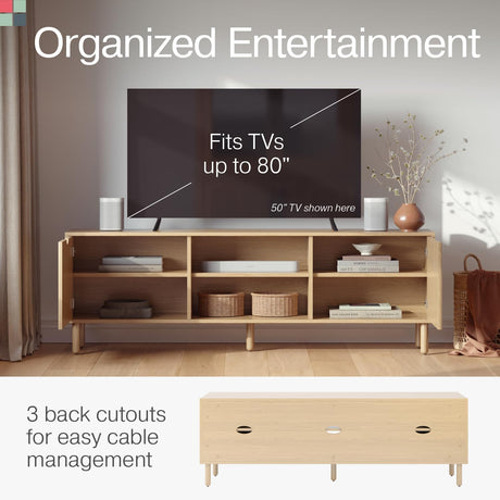 Contemporary Fluted TV Stand - Media Console - 70 Inch Entertainment Center with Storage - Console Table for Living Room and Bedrooms - Supports 32 to 80" TVs - Soft-Close Cabinet Doors (Light Oak) Stead