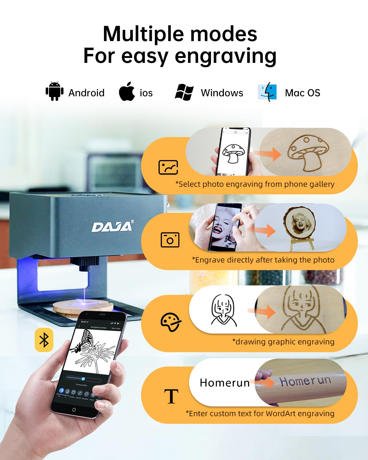 DAJA DJ6 Laser Engraver with Higher Columns Portable Laser Engraving Machine Kits for DIY Supports Win/Mobile System/Offline Laser Cutter (Working Area 3.15 * 3.15 inches) DAJA