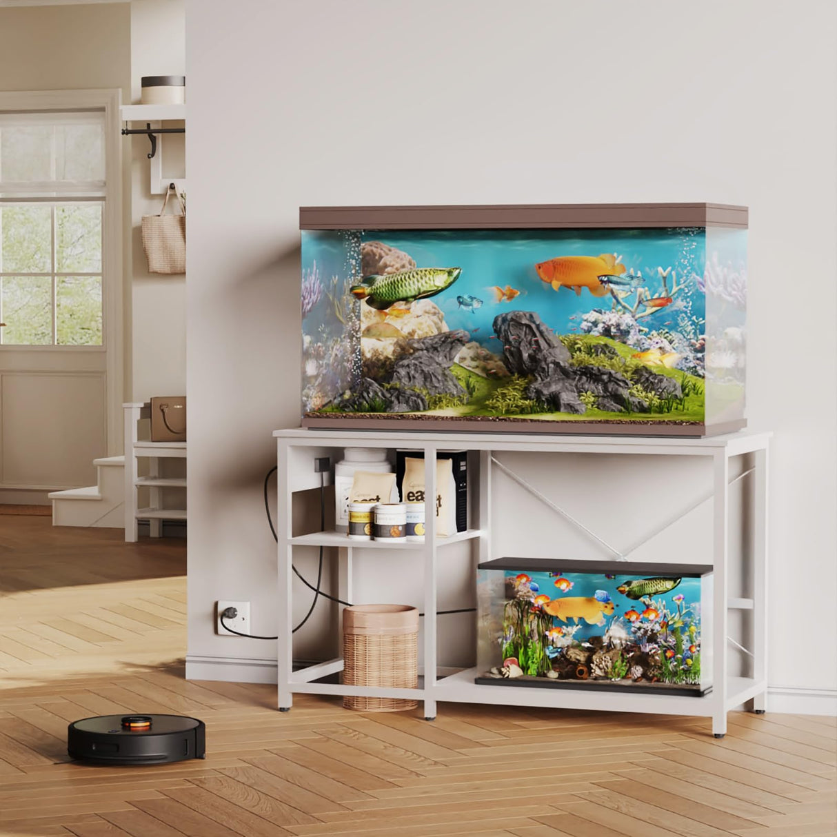 BEURUKU 55-75 Gallon Fish Tank Stand with Power Outlet & LED Light, Metal Aquarium Stand with 3 Tier Adjustable Storage Shelves, Tank Stand for Reptile Tank, Turtle Tank, 52" L*19.5" W, White BEURUKU