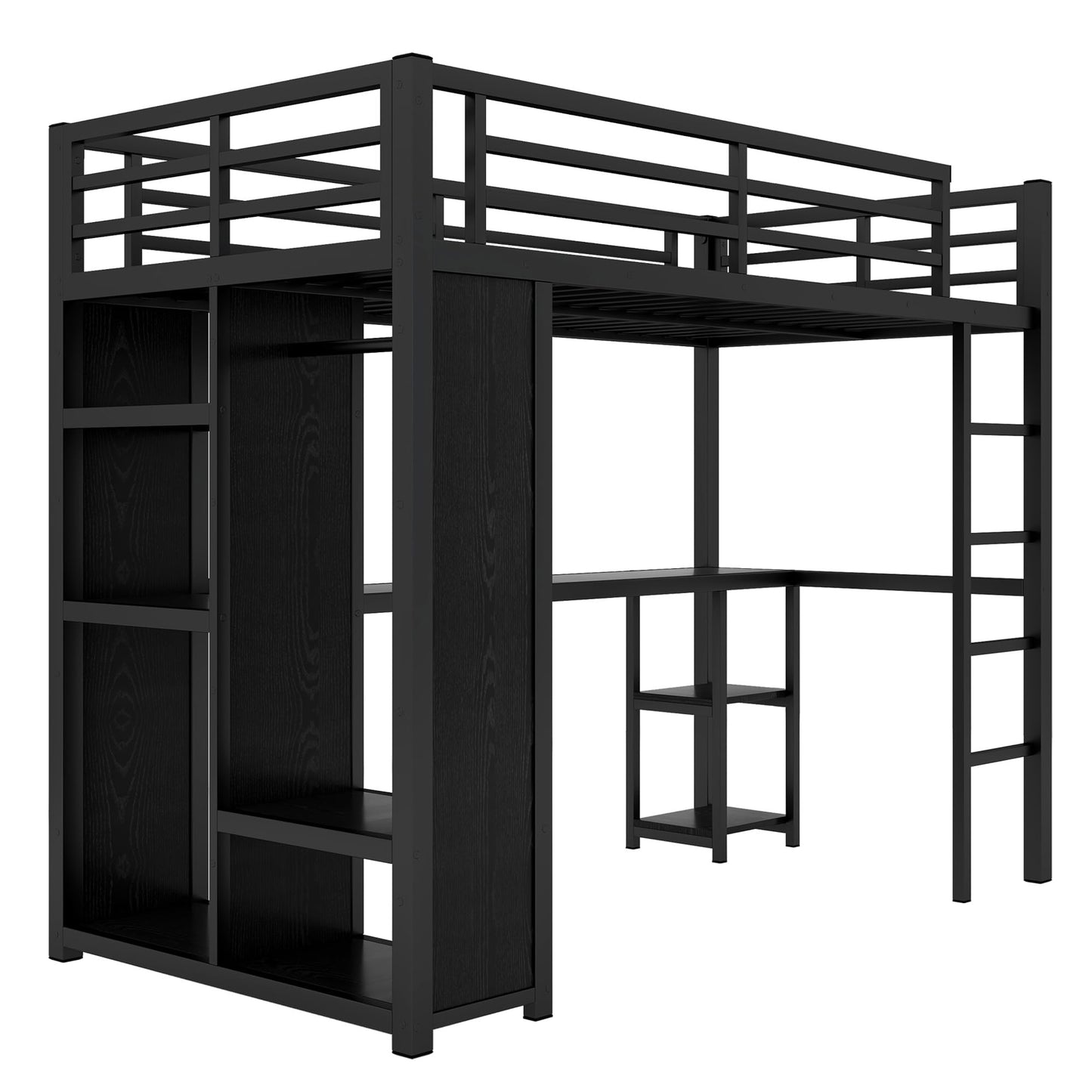 Twin XL Loft Bed with Desk and Storage Shelves, Twin XL Loft Bed with Wardrobe, Hanging Rod and Guardrail and Ladder, Balck