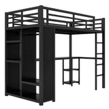 Twin XL Loft Bed with Desk and Storage Shelves, Twin XL Loft Bed with Wardrobe, Hanging Rod and Guardrail and Ladder, Balck Bellemave