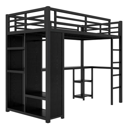 Twin XL Loft Bed with Desk and Storage Shelves, Twin XL Loft Bed with Wardrobe, Hanging Rod and Guardrail and Ladder, Balck