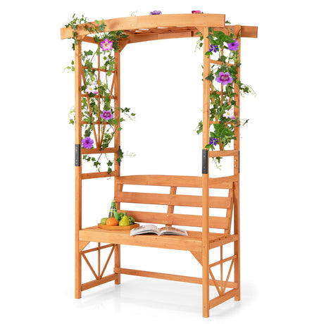 HAPPYGRILL Patio Garden Arbor with Bench, Wooden Garden Arch w/Pergola & 2 Trellises for Climbing Plants Vines Grapes, 48''W x 75''H 2-Person Outdoor Bench for Wedding Party Ceremony Backyard HAPPYGRILL