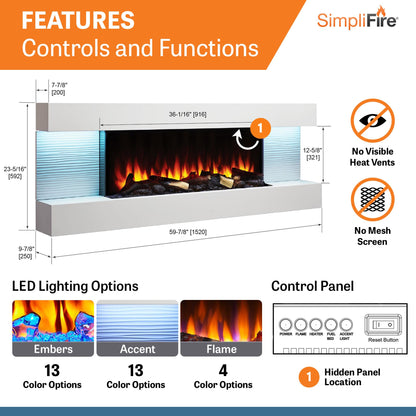 SimpliFire Format 36-Inch Wall Mount Electric Fireplace with 60-Inch Floating Mantel (SF-FORMAT36-SF-FM60-WH)