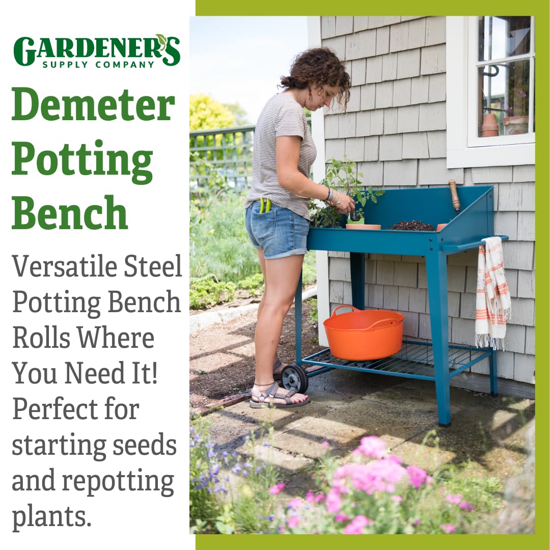 Gardener's Supply Company Demeter Metal Potting Bench with Wheels | Heavy Duty Outdoor Garden Work Table Workbench Workstation with Side Metal Sidewalls | Best for Seed Starter Planting & Transplants Gardener's Supply Company